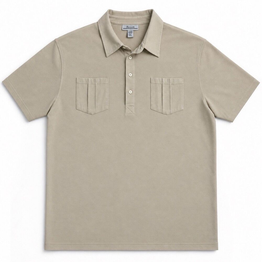 Faconnable Men XXL Sand Beige Cotton Stretch Knit Polo Guayabera Casual Shirt